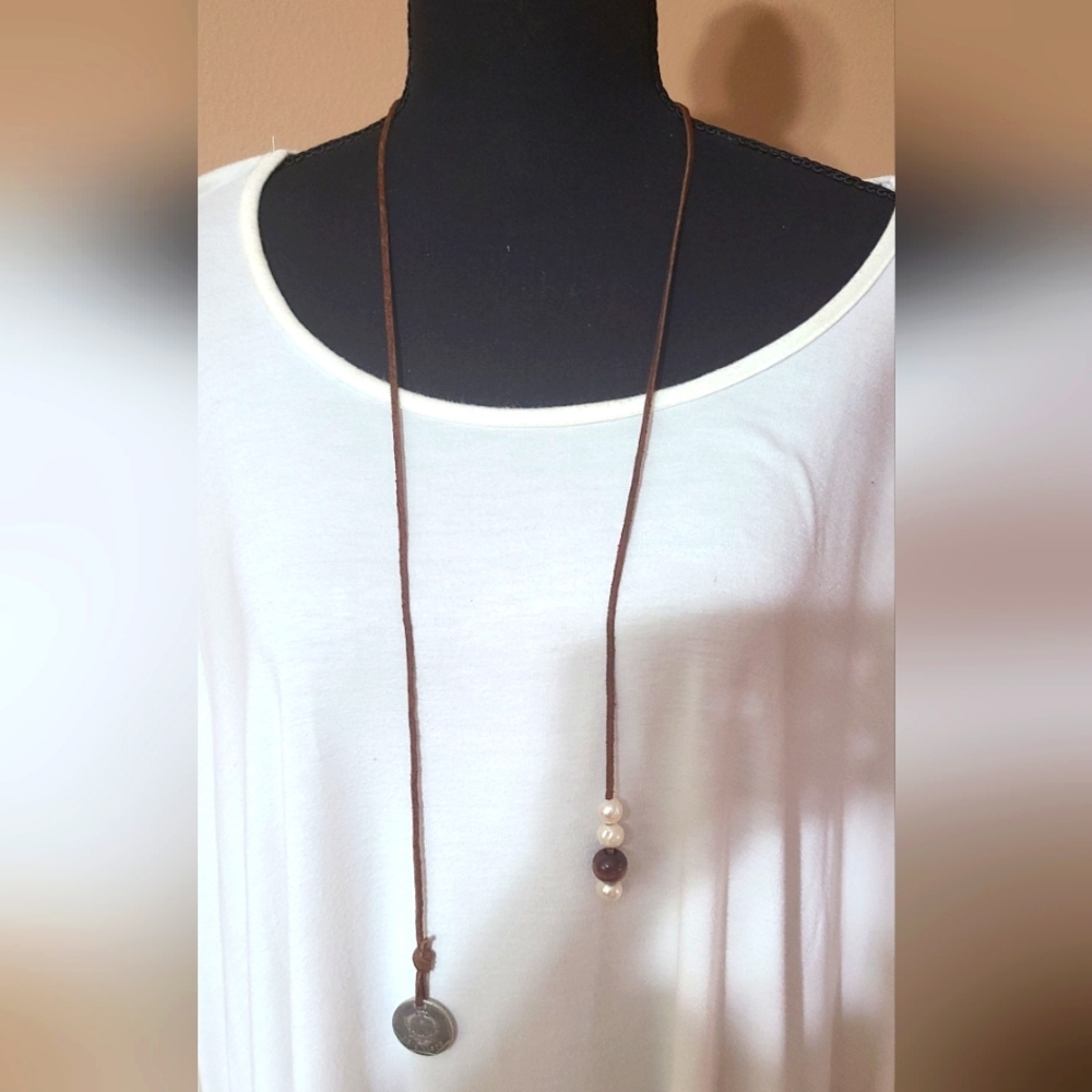18 Inches Costa Rica Coin and Pearl's? & Leather Necklace